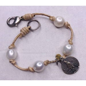 Religious Mary Charm Bracelet White Pearl Beads Brown Leather 7" Silver Tone LNJ